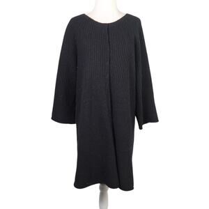 Eileen Fisher black ribbed knit wool blend mid length cardigan sweater L